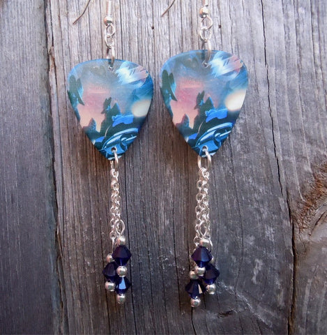 ZZ Top Recycler Guitar Pick Earrings with Dark Indigo Swarovski Crystal Dangles