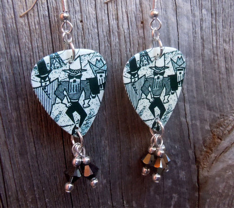 ZZ Top Antenna Guitar Pick Earrings with Black Swarovski Crystal Dangles