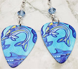 Australian Aboriginal Style Art Dolphin Guitar Pick Earrings with Aqua Swarovski Crystals