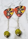Australian Aboriginal Style Art Lizard Guitar Pick Earrings with Yellow Pave Bead Dangles