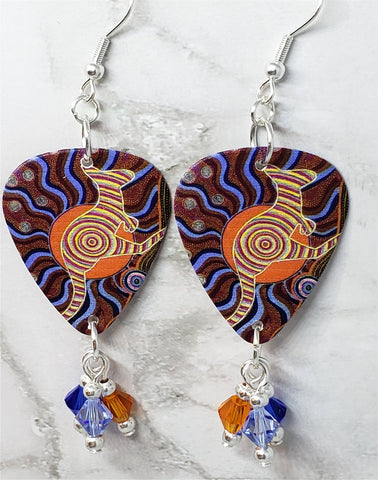 Australian Aboriginal Style Art Kangaroo Guitar Pick Earrings with Swarovski Crystal Dangles