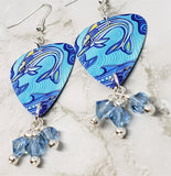 Australian Aboriginal Style Art Dolphin Guitar Pick Earrings with Aqua Swarovski Crystal Dangles