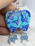 Australian Aboriginal Style Art Dolphin Guitar Pick Earrings with Aqua Swarovski Crystal Dangles