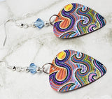 Australian Aboriginal Style Art Waves Guitar Pick Earrings with Aqua Blue Swarovski Crystals