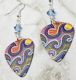 Australian Aboriginal Style Art Waves Guitar Pick Earrings with Aqua Blue Swarovski Crystals