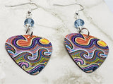 Australian Aboriginal Style Art Waves Guitar Pick Earrings with Aqua Blue Swarovski Crystals