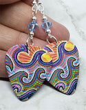 Australian Aboriginal Style Art Waves Guitar Pick Earrings with Aqua Blue Swarovski Crystals