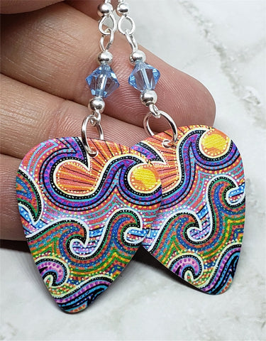 Australian Aboriginal Style Art Waves Guitar Pick Earrings with Aqua Blue Swarovski Crystals