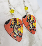 Australian Aboriginal Style Art Lizard Guitar Pick Earrings with Yellow Swarovski Crystals
