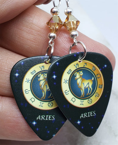 Horoscope Astrological Sign Aries Guitar Pick Earrings with Metallic Sunshine Swarovski Crystals