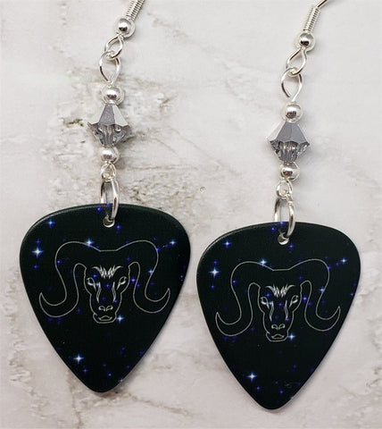 Horoscope Astrological Sign Aries Guitar Pick Earrings with Metallic Silver Swarovski Crystals