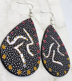 CLEARANCE Aboriginal Style Art Hand Painted Kangaroo FAUX Pebble Effect Leather Teardrop Shaped Earrings