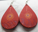 CLEARANCE Aboriginal Style Dot Art Hand Painted Vegetable Tanned Real Red Leather Teardrop Shaped Earrings