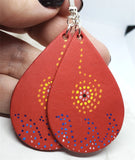 CLEARANCE Aboriginal Style Dot Art Hand Painted Vegetable Tanned Real Red Leather Teardrop Shaped Earrings