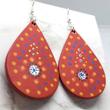 CLEARANCE Aboriginal Style Dot Art Hand Painted on Red Real Leather Teardrop Shaped Earrings