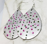 Aboriginal Style Dot Art Hand Painted Metallic Silver Real Leather Teardrop Shaped Earrings