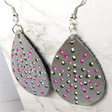 Aboriginal Style Dot Art Hand Painted Metallic Silver Real Leather Teardrop Shaped Earrings