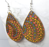 Aboriginal Style Dot Art Hand Painted Real Leather Metallic Gold Teardrop Shaped Earrings