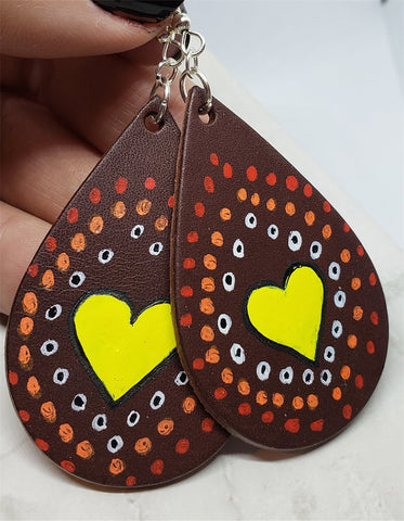 CLEARANCE Aboriginal Style Dot Art Hand Painted Vegetable Tanned Real Brown Leather Teardrop Shaped Earrings