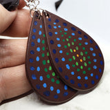 Aboriginal Style Dot Art Hand Painted Vegetable Tanned Real Dark Brown Leather Teardrop Shaped Earrings