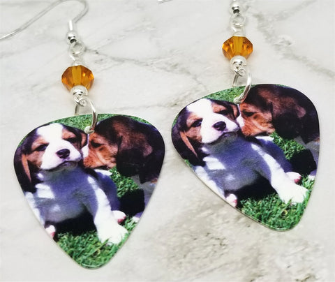 Beagle Puppies Guitar Pick Earrings with Topaz Swarovski Crystals