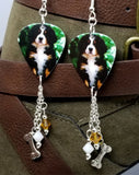 Bernese Mountain Dog Puppy Guitar Pick Earrings with Dog Bone Charm and Swarovski Crystal Dangles