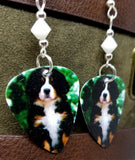 Bernese Mountain Dog Puppy Guitar Pick Earrings with White Swarovski Crystals