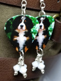 Bernese Mountain Dog Puppy Guitar Pick Earrings with White Swarovski Crystal Dangles