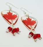 Canadian Flag Transparent Guitar Pick Earrings with Red Swarovski Crystal Dangles