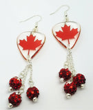 Canadian Flag Transparent Guitar Pick Earrings with Red Ombre Pave Bead Dangles