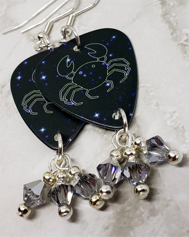 Horoscope Astrological Sign Cancer Guitar Pick Earrings with Metallic Silver Swarovski Crystal Dangles