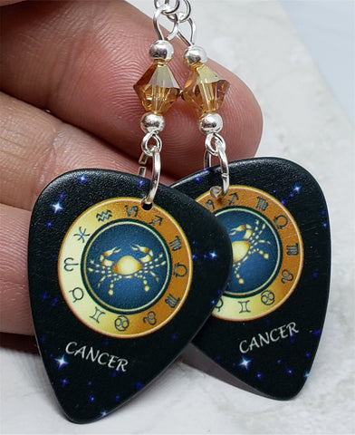 Horoscope Astrological Sign Cancer Guitar Pick Earrings with Metallic Sunshine Swarovski Crystals