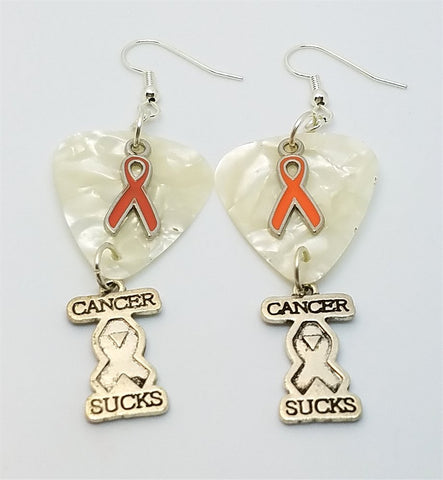 Cancer Sucks Orange Ribbon Guitar Pick Earrings