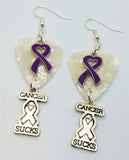 Cancer Sucks Purple Ribbon Heart Guitar Pick Earrings