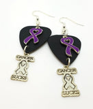 Cancer Sucks Purple Ribbon Heart Charm on Black Guitar Pick Earrings