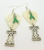 Cancer Sucks Green Ribbon Guitar Pick Earrings