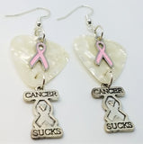 Cancer Sucks Pink Ribbon Charm Guitar Pick Earrings
