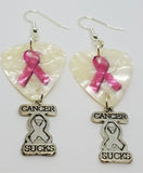 Cancer Sucks Pink Ribbon Guitar Pick Earrings