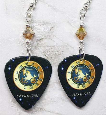 Horoscope Astrological Sign Capricorn Guitar Pick Earrings with Metallic Sunshine Swarovski Crystals