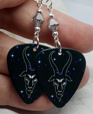 Horoscope Astrological Sign Capricorn Guitar Pick Earrings with Metallic Silver Swarovski Crystals