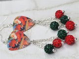 Santa Claus with Poinsettias Guitar Pick Earrings with Red and Green Pave Bead Dangles