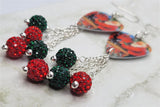 Santa Claus with Poinsettias Guitar Pick Earrings with Red and Green Pave Bead Dangles