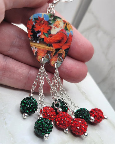 Santa Claus with Poinsettias Guitar Pick Earrings with Red and Green Pave Bead Dangles