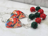 Santa Claus with Poinsettias Guitar Pick Earrings with Red and Green Pave Bead Dangles