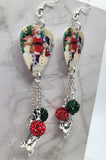 Santa Making Snowmen Scene Guitar Pick Earrings with Snowman Charm and Green and Red Pave Bead Dangles