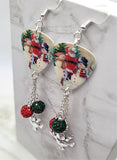 Santa Making Snowmen Scene Guitar Pick Earrings with Snowman Charm and Green and Red Pave Bead Dangles