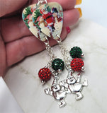 Santa Making Snowmen Scene Guitar Pick Earrings with Snowman Charm and Green and Red Pave Bead Dangles