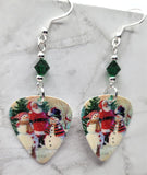 Santa Making Snowmen Scene Guitar Pick Earrings with Emerald Green Swarovski Crystals