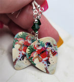 Santa Making Snowmen Scene Guitar Pick Earrings with Emerald Green Swarovski Crystals