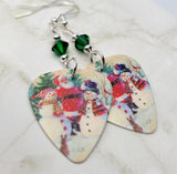 Santa Making Snowmen Scene Guitar Pick Earrings with Emerald Green Swarovski Crystals